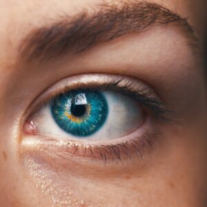 selective focus of blue-eyed person