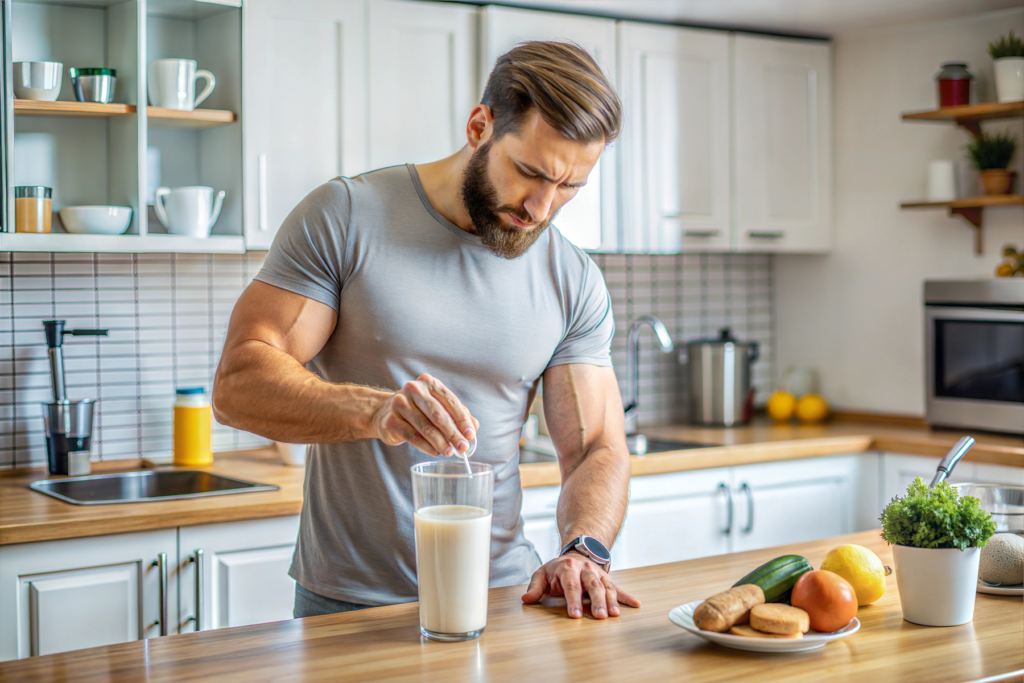 A neatly combed white man prepares protein shakes