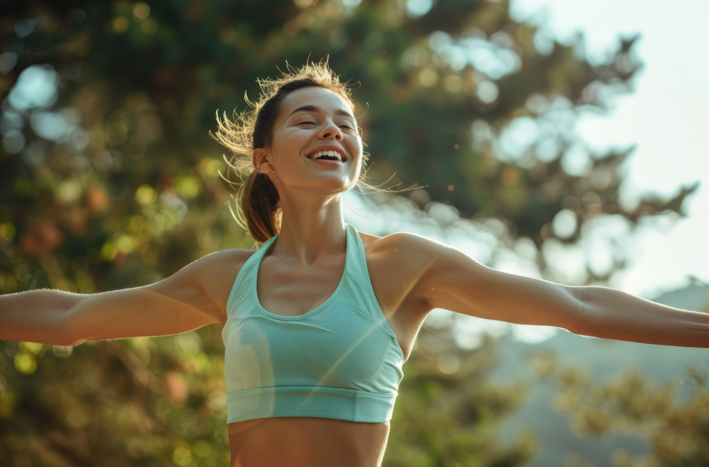 A young woman in sportswear with her arms outstretched