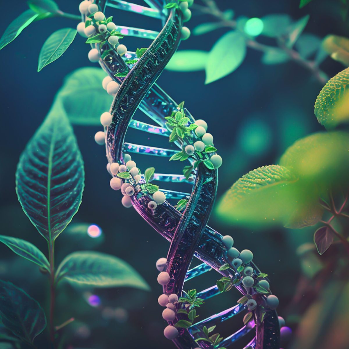 DNA helix with green plants, Generative Ai